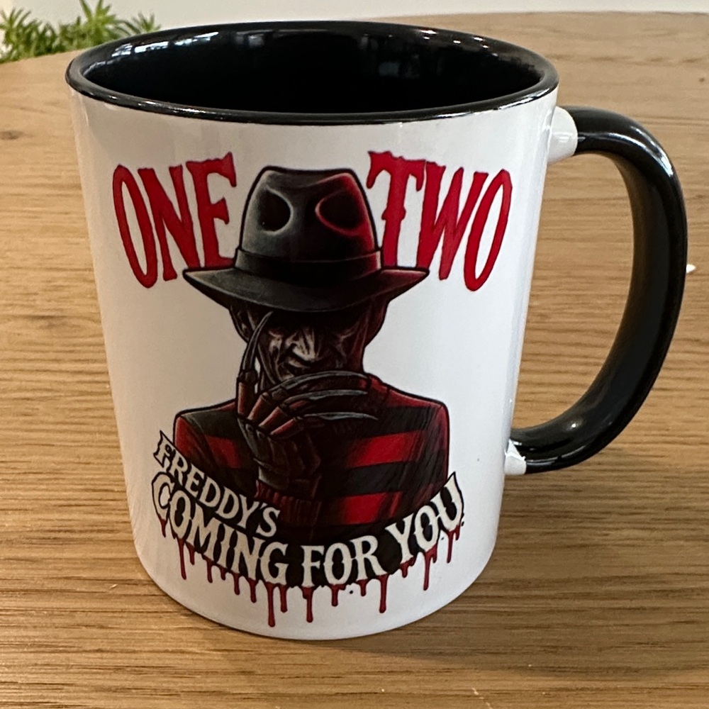 White Freddy Krueger Mug with Red and Black Design